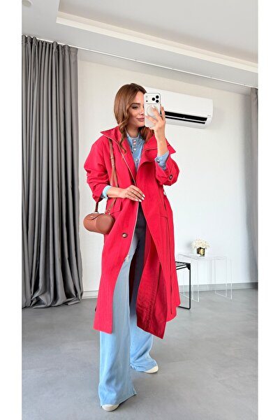 pelin yıldız butik Kırmızı Kita Orginal Marka Kapüşonlu Trenç