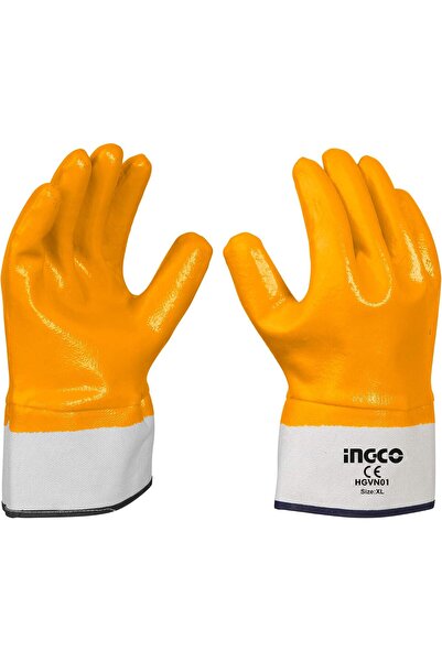 Ingco Fully Coated Heavy Nitrile Gloves HGVN01, Orange/White