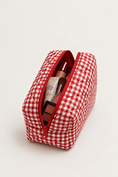 BagsMadame Red Gingham Patterned Makeup Bag 17X14 cm Medium Size