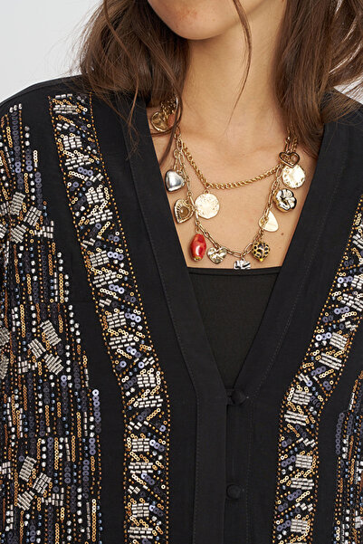 Orfeo Negro Women's Stylish Shirt/Jacket with Sequin and Bead Embroidery and Buttons