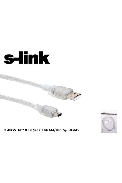 S-link SL-UK55 Usb2.0 5m Şeffaf Usb AM/Mini 5pin Kablo