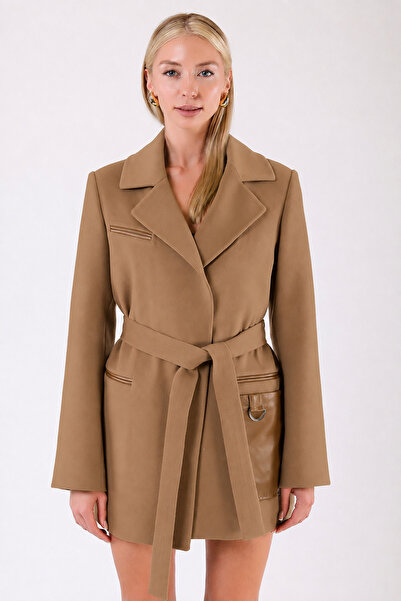 Leather Club Camel Leather Garnished Cashmere Coat
