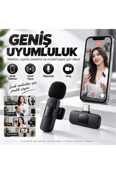 XİRA Kablosuz Yaka Mikrofonu Type-C Alıcılı 20 Metre Çekim Mesafeli Vlog Canlı Yayın Röportaj Mikrofonu