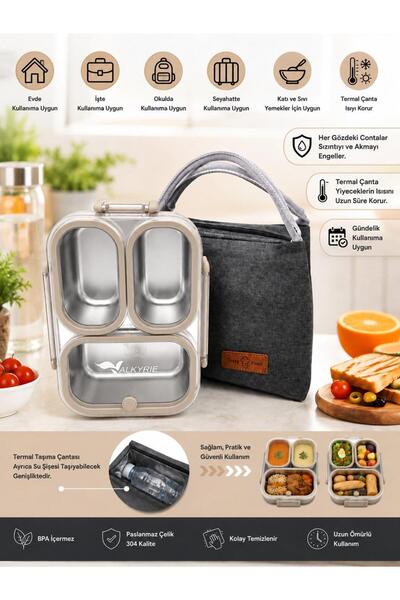 valkyrie 304 Paslanmaz Çelik 3 Bölmeli Lunch Box Termal Çantalı – Sızdırmaz Kapaklı Beslenme Kabı