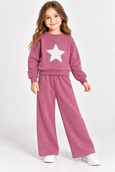 HELMİRA Girl's Three-Yarn Fabric Star-Stone 2-Piece Tracksuit Set-Sweatshirt&...