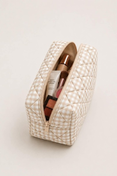 BagsMadame Beige Gingham Patterned Makeup Bag 17X14 cm Medium Size