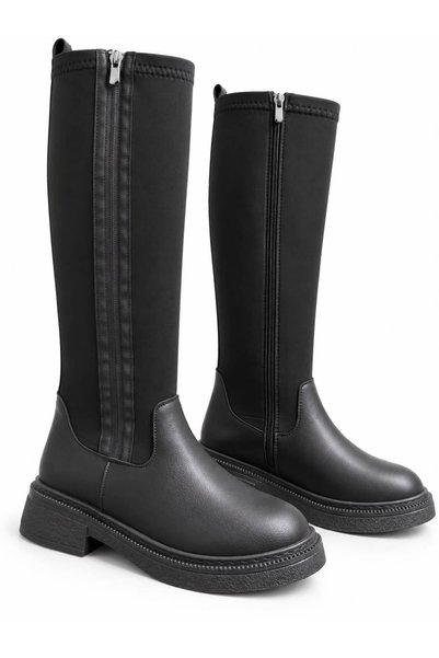 bakac store Women's Black Diving Fabric Expandable Zipper Detailed Boots
