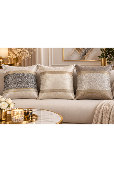 3’lü Gold Şerit Detaylı Parlak Polyester Dekoratif Kırlent Kılıfı – 43 x 43 cm