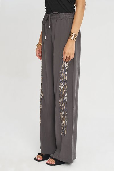 Orfeo Negro Women's Stylish Wide-Leg Pants with Sequin and Bead Embroidery on the Sides