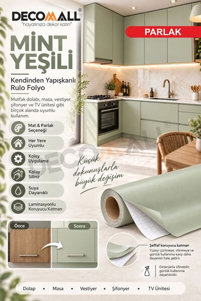 DECOMALL ( Code 362 ) Mint Yeşili Kendinden Yapışkanlı Dolap Mobilya Masa Fay...