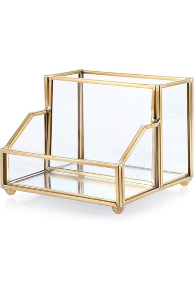 GENERAL Gold Glass Business Card Holder with Pen Organizer and Pens, 2 Slot D...