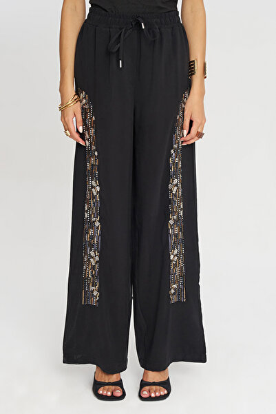 Orfeo Negro Women's Stylish Wide-Leg Pants with Sequin and Bead Embroidery on...