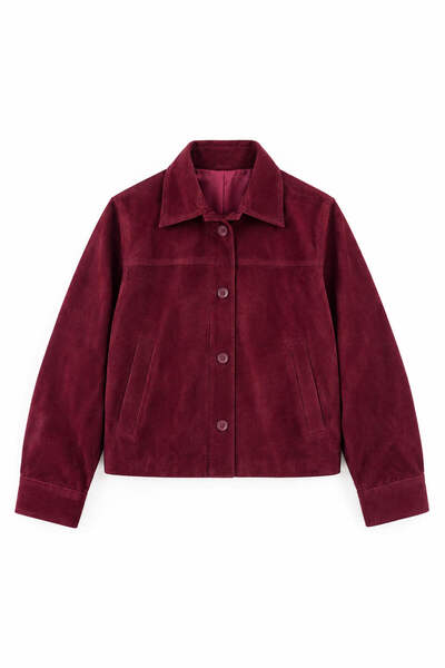 Sue Store Burgundy Shirt Collar Buttoned Lined Suede Jacket