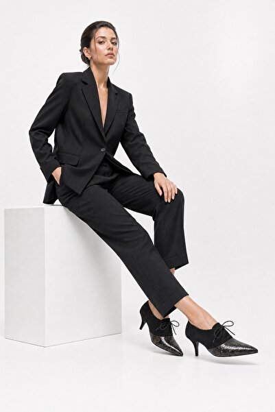 LuviShoes MEDLEY Siyah Süet Siyah Desenli Bağcıklı Kadın Topuklu Ayakkabı