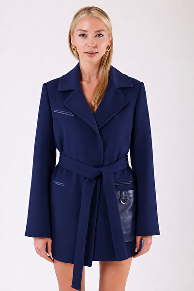 Leather Club Navy Blue Leather Trimmed Cashmere Coat