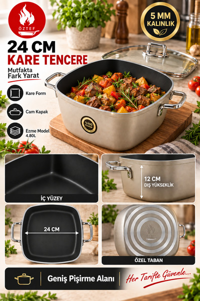 ÖZTEF - 5 mm Ezme Kare Tencere 24 cm Cam Kapaklı