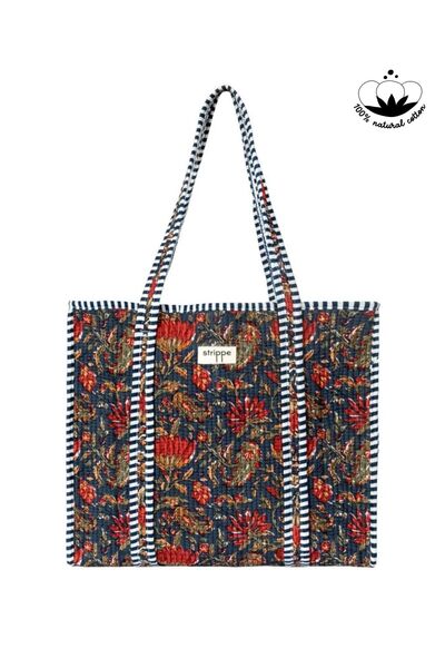 Çiçek Desenli Lacivert Pamuklu Kumaş Günlük Omuz Çantası - Tote Bag