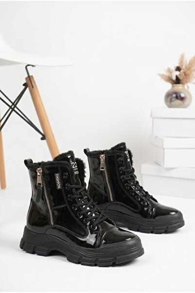 MERVESTORE Kadın İçi Kürklü Kalın Tırtıklı Taban Sneaker Bot Bağcıklı Fermuar...