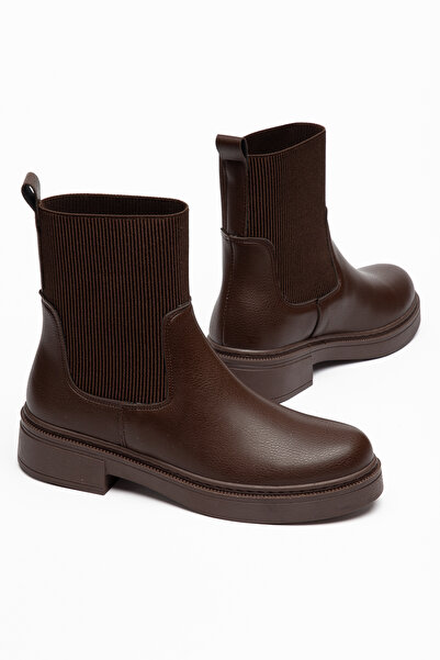 motto store Women's Bitter Brown Leather Knitwear Ankle Detailed Non-Slip Sol...