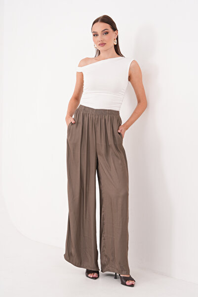 Noravelle Women's Elastic Waist Satin Wide-Leg Draped Trousers