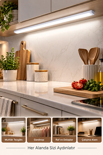 MAKRİ HOME 50 cm Şarjlı LED Dolap Altı Aydınlatma Beyaz Işık Mıknatıslı Yapış...
