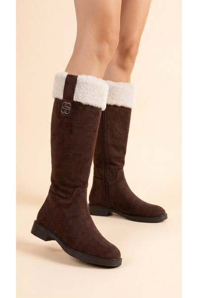 Moda Lime Women's Fur Detailed Suede Look Zippered Short Heeled Boots