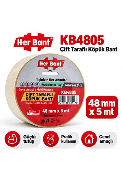 her bant Çift Taraflı Köpük Bant 48 mm x 5 mt