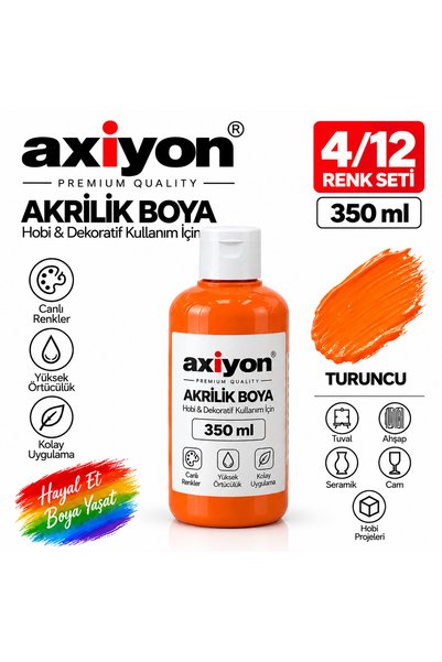 axiyon art Akrilik Boya 350 ml Turuncu – Su Bazlı Hobi ve Dekoratif Boya