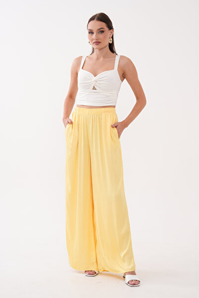 Noravelle Women's Elastic Waist Satin Wide-Leg Draped Trousers