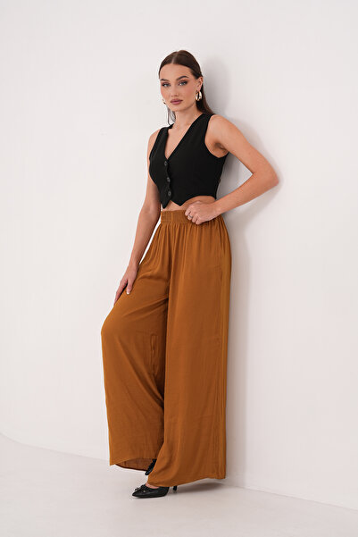 Noravelle Women's Elastic Waist Satin Wide-Leg Draped Trousers