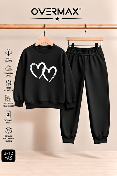 OVERMAX Double Heart Printed Children's Hoodless Sweatshirt Tracksuit Set – A...