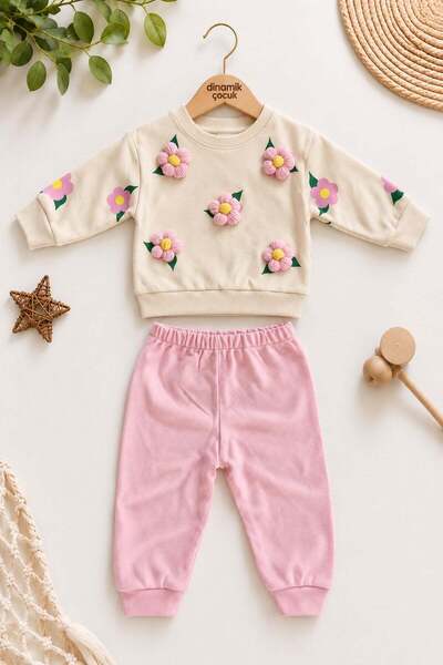 dinamik çocuk 3 Boyutlu Çiçek Aplikeli Kız Bebek Sweatshirt ve Eşofman Altı 2...