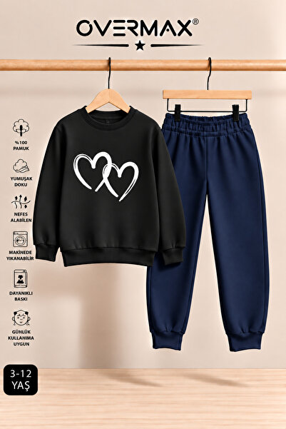 OVERMAX Double Heart Printed Children's Hoodless Sweatshirt Tracksuit Set – A...