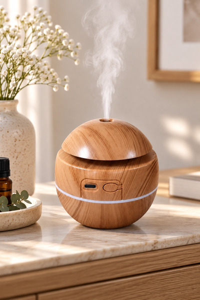MAKRİ HOME Küre Aroma Difüzörü Hava Nemlendirici USB Şarjlı Bambu Ahşap Görün...