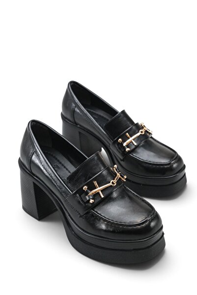 Riccon Leda Amara Kadın Topuklu Loafer 0012591 Siyah Rustik