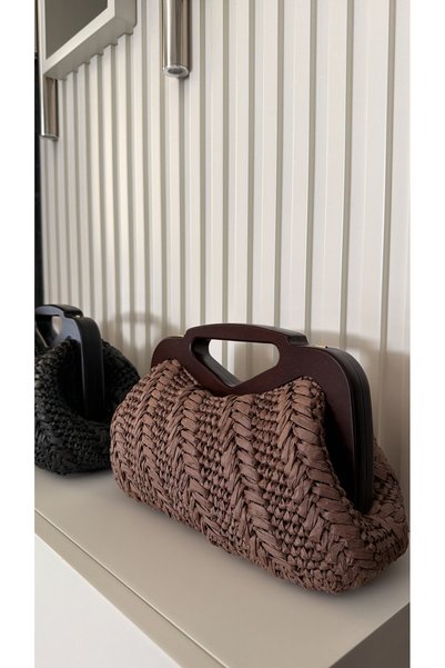 WOMANBAG Handmade Wicker Wooden Handle Handbag Clutch (37X22Cm) Brown