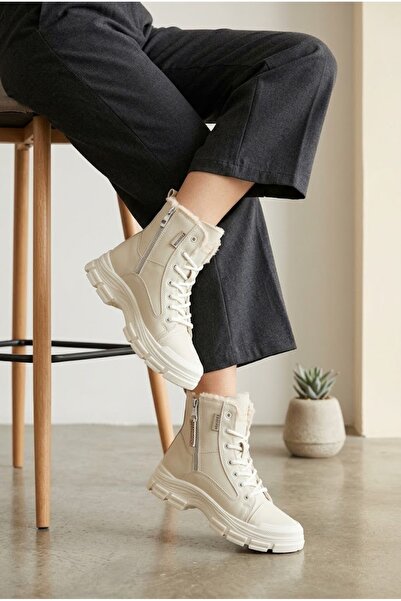 MERVESTORE Kadın İçi Kürklü Kalın Tırtıklı Taban Sneaker Bot Bağcıklı Fermuar...
