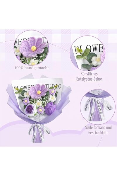 OEM Buchet de flori croșetate pentru femei, flori croșetate lucrate manual |   Trandafiri și lalele croșetate, Buchet de trandafiri croșetați, Flori artificiale mov pentru absolvire, aniversare și Ziua Mamei