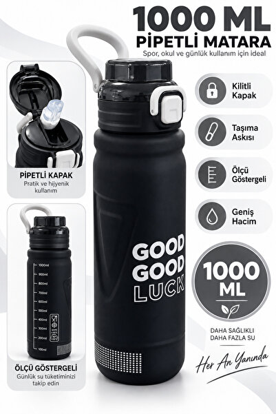 GÜZELYÜZ AVM Siyah Good Luck Matara Kilitli Kapak Pipetli 1000 mL Suluk Kapak...