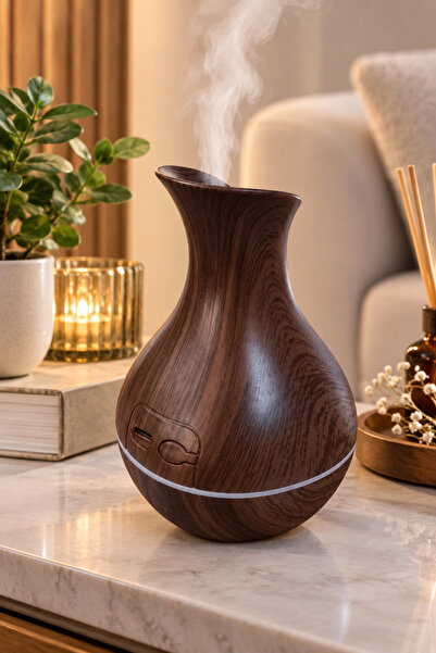 MAKRİ HOME Ahşap Görünümlü Aroma Difüzörü ve Hava Nemlendirici USB 15x10 cm, ...