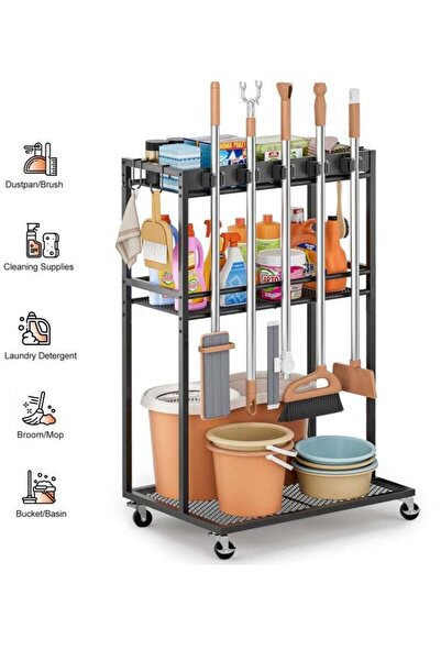 XICEN Cleaning Supplies Organizer Cart, Broom Holder stroller with Mop Hanger...