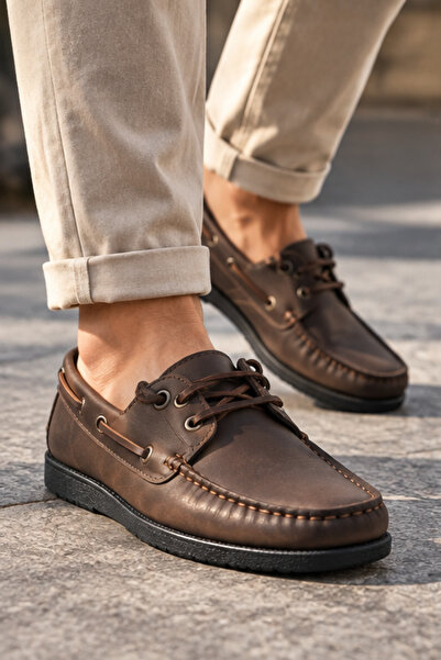 Liarca Nautical Hakiki Deri Kahverengi Siyah Kauçuk Taban Boat Shoe Loafer Ma...