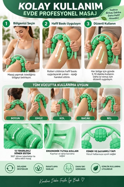 İnfeta 13-Wheel Green Lymphatic Drainage Massage Roller Leg Arm Back Body Massager