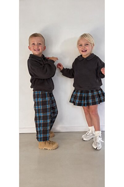 Polente Brown Collared Buttoned Sweatshirt and Plaid Patterned Elasticated Tr...