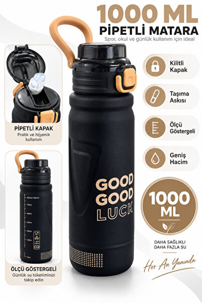 GÜZELYÜZ AVM Siyah Good Luck Matara Kilitli Kapak Pipetli 1000 mL Suluk Kapak...