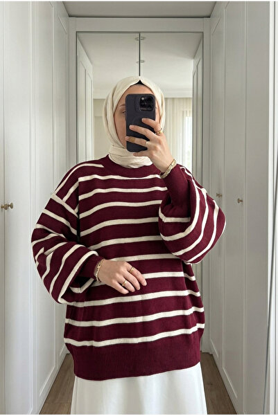 Kirazca Butik سترة تونيك نسائية مخططة بأكمام بالونية كبيرة الحجم مقاس 70 سم