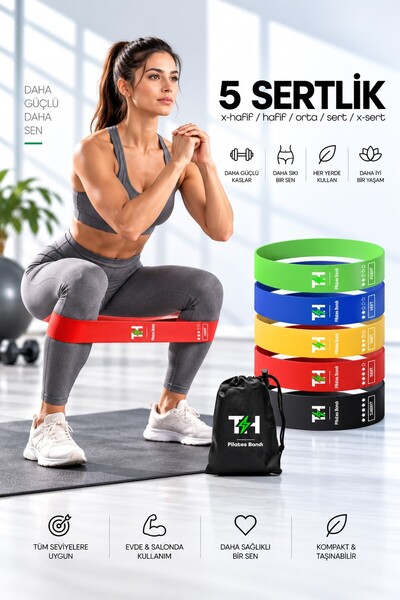 5 Farklı Direnç Çantalı Latex Pilates Aerobik Egzersiz Squat Lastiği Loop Bant Kapalı Uç Mixed Ton