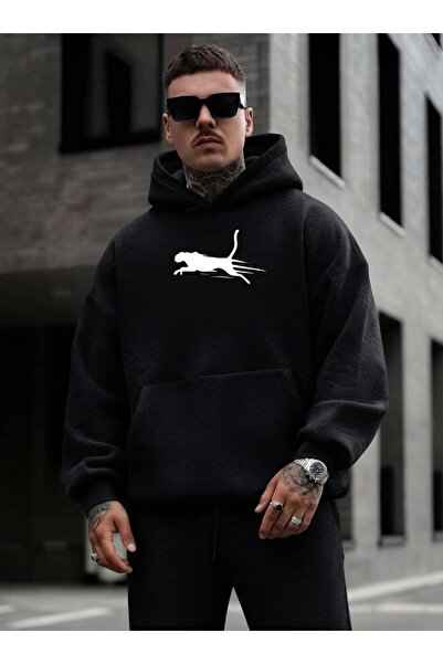 LELVANİ Men's Black/White Tiger Printed Hooded Sweatshirt