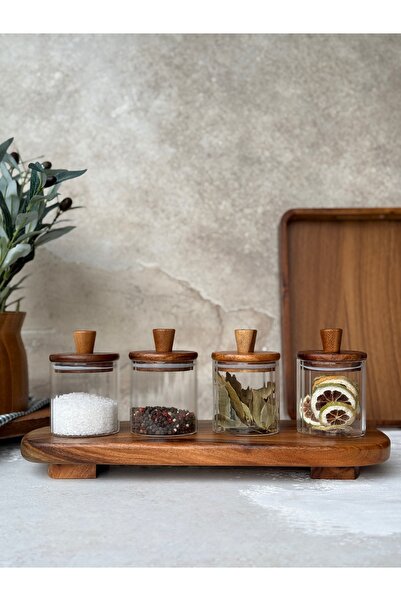 KaiAtelier Grove 4-Piece Acacia Lid Vacuum Borosilicate Glass Spice Jar / Jar...