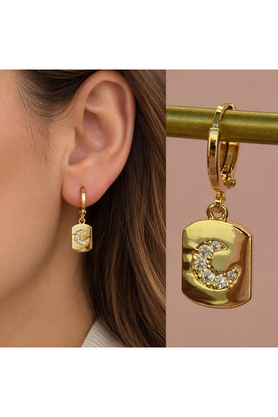 Heppii Charmlı Moon Patterned Plate Dangle Rectangular Model Hoop Earrings